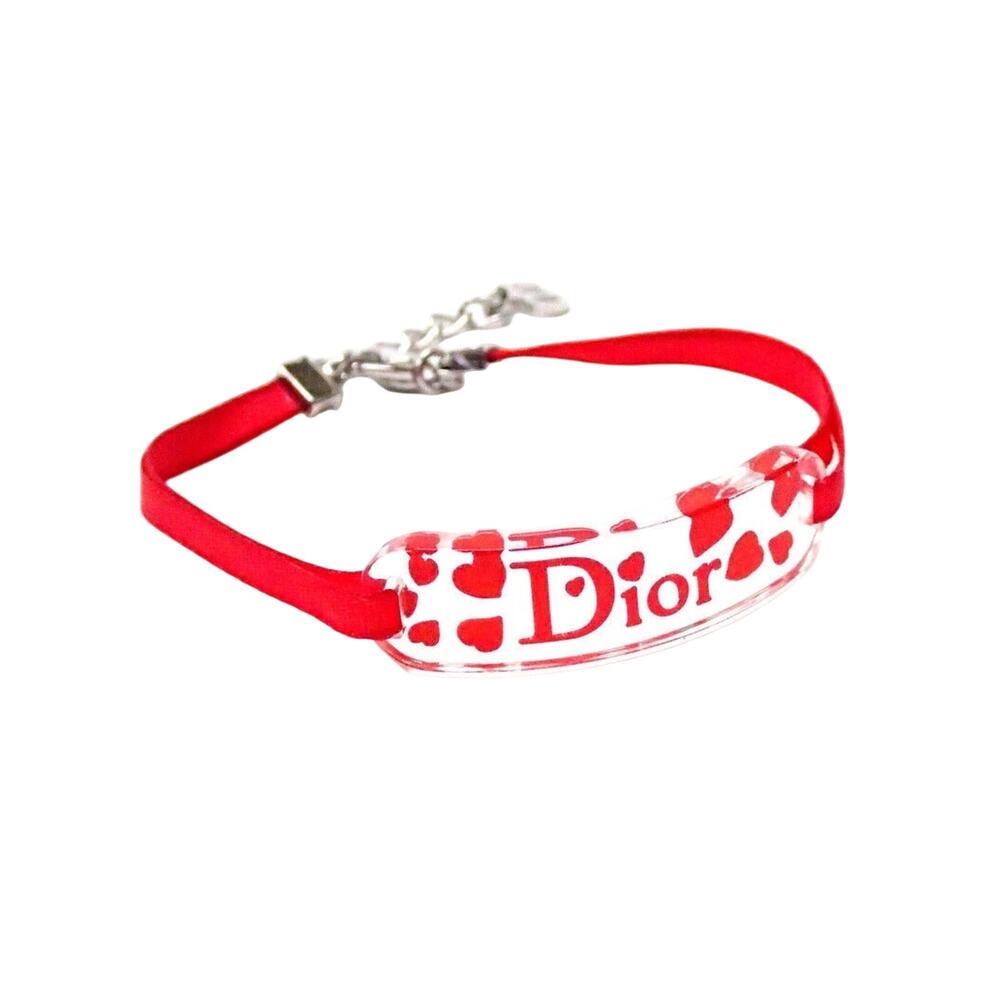 Vintage Christian Dior Clear Lucite Red Heart Logo Nameplate Ribbon Bracelet